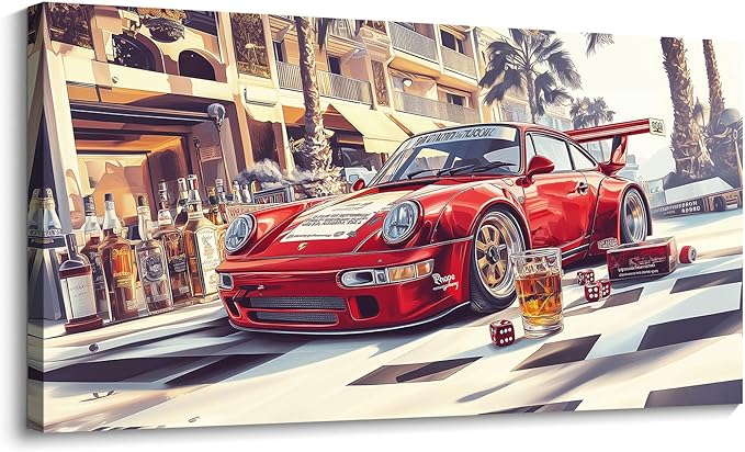 JEAWA Modern Canvas Wall Art - Large Canvas Wall Decor for Bedroom Living Room Home Office 24 x 48 IN, Funny Wall Art for Home Decoration, Red Car Pictures for Wall Decor