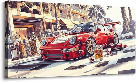 JEAWA Modern Canvas Wall Art - Large Canvas Wall Decor for Bedroom Living Room Home Office 24 x 48 IN, Funny Wall Art for Home Decoration, Red Car Pictures for Wall Decor