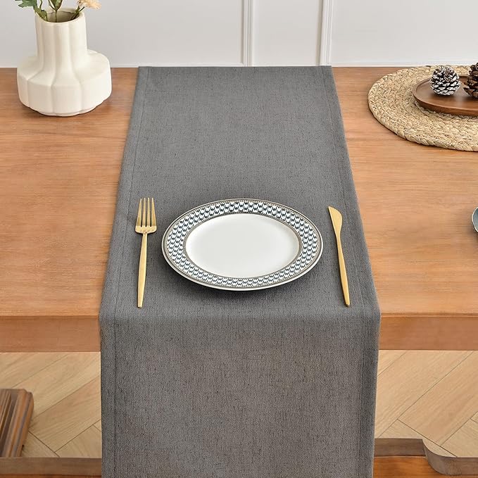 Wracra Linen Style Table Runner, Rustic Farmhouse Charcoal Grey Table Runners 90 Inches Long, Handcrafted Table Runner for Fall, Winter - Everyday Use and Machine Washable