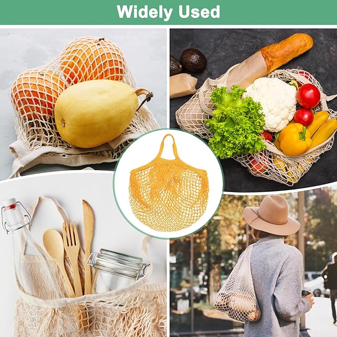 1-Pack Cotton Mesh Bag, Reusable Washable Mesh Net String Grocery Bags, Reusable Produce Bags with Handle, Net Tote Bag for Fruits/Vegetables Shopping [Yellow, Short Handle]