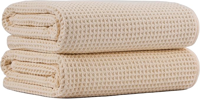 New Microfiber Waffle Bath Towels, 2 Pieces, Oversized, Soft, Absorbent, Fast Drying, Lint Free (Champagne)