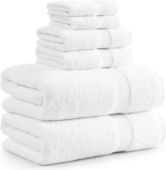 LANE LINEN 100% Cotton Luxury Bathroom Towel Set - 6 Pieces - Super Soft, Fluffy & Highly Absorbent - 2 Large Bath Towels, 2 Washcloths, 2 Hand Towels - Complete Family Pack - White Bath Towel Set