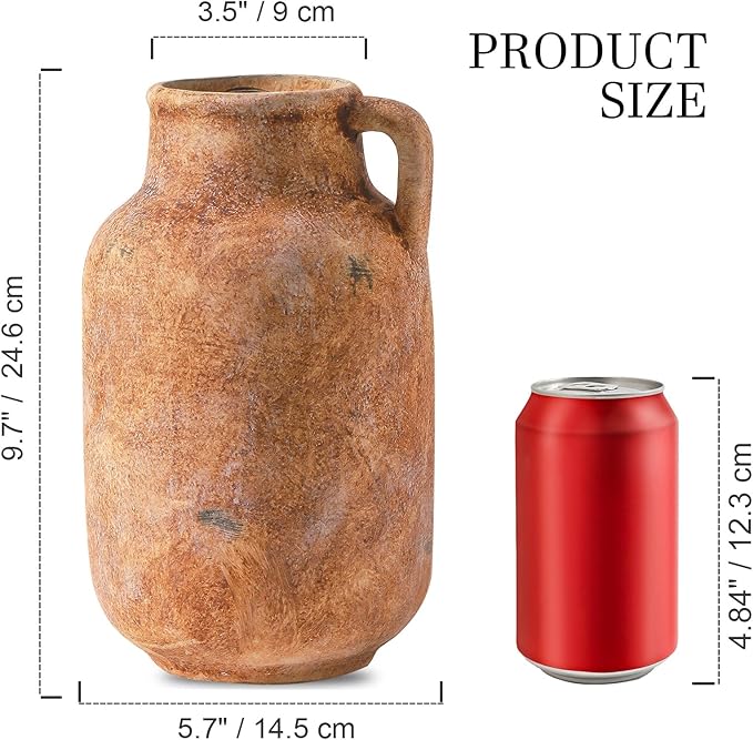 Ceramic Flower Vase Home Decor - 9.7 Inch Large Table Flowers Vases Living Room Bedroom Plant Decorations Farmhouse Vintage for Kitchen Shelf Office Coffee Dining Desk House Women (Rust, 9.7")