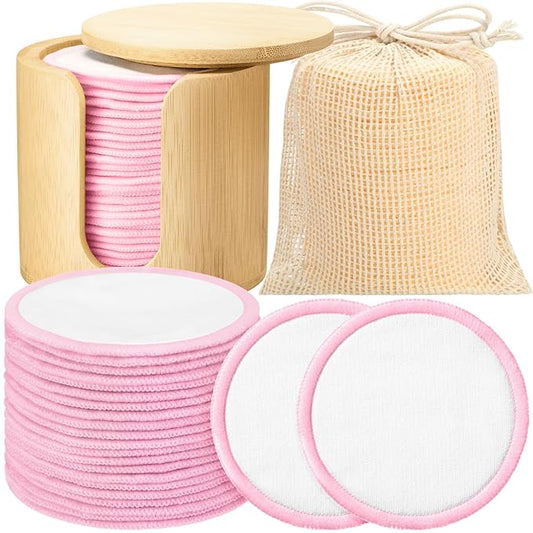 Foaincore 40 Pcs Reusable Makeup Remover Pads with Mesh Laundry Bag Washable Bamboo Cotton Rounds Soft Reusable Face Pad for Toner Skin Types with Bamboo Holder(White Pink)