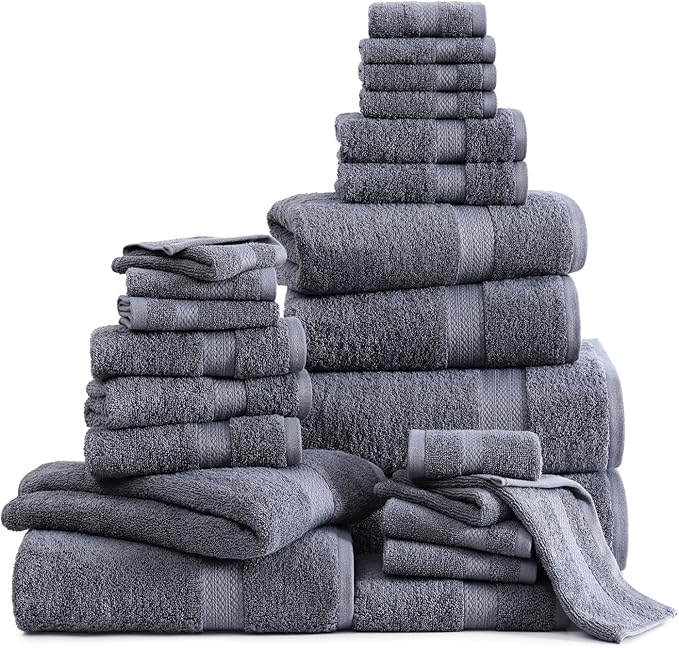 LANE LINEN Cotton Bathroom Towels Set - 24 Pcs - Ringspun, Quick Dry, Very Soft & Absorbent - 2 Bath Sheets, 4 Bath Towel, 6 Hand Towel, 8 Washcloths, 4 Fingertip - Pre Shrunk - Cool Grey