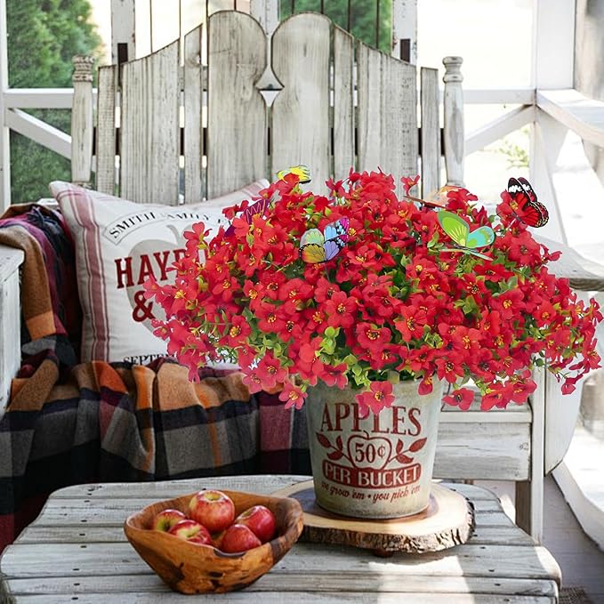 20 Bundles Artificial Flowers for Outdoors‌ with 6 Faux Butterflies, UV Resistant Fake Flowers‌ with Eucalyptus Leaves, Artificial Plants Outdoor‌ for Patio Garden Porch Home Decor (Red)