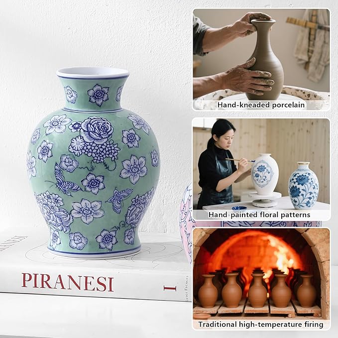 Vintage Chinoiserie Floral Ceramic Vase, Large Rustic Pottery Vases for Living Room, Entryway, Dining Table Centerpiece, Farmhouse Home Décor, Floor or Tabletop Flower Vase, (Green)