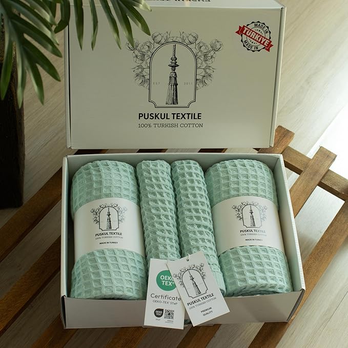 PÜSKÜL - Premium Waffle Towel Set 4 Pieces Ice Green - Organic 100% Turkish Cotton Quick-Dry Towels for Bathroom Made in Turkiye (Ice Green, Towel Set - 2 Hand & 2 Bath Towels)