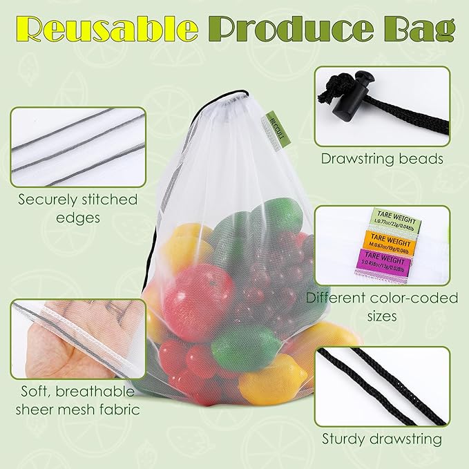 Blcculi 12 Pack Reusable Produce Bags,Mesh Produce Bags,Washable Mesh Grocery Bag with Drawstring &Colorful Tare Weight Tags,See-Through Vegetable Storage Bag for Grocery Shopping,Fruits,3 Sizes