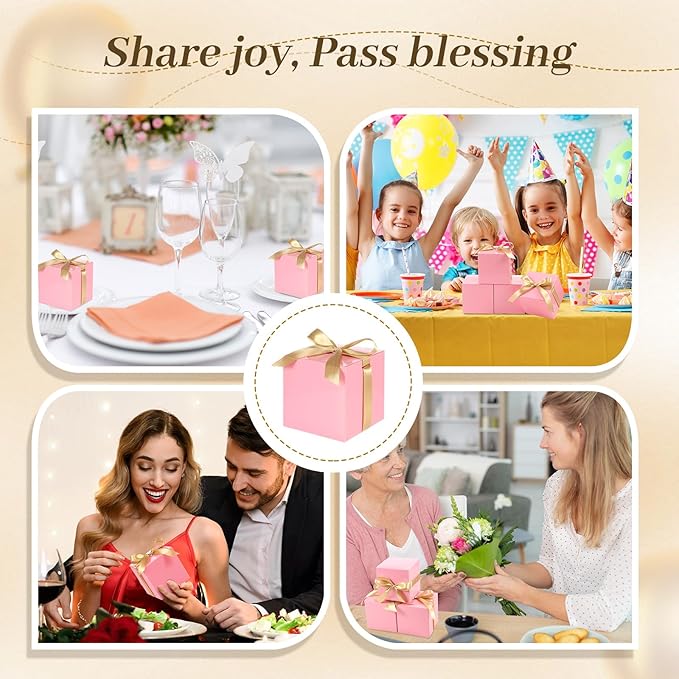 48 Pcs Christmas Gift Boxes with Ribbon Small Party Favor Boxes with Lids Mini Treat Candy Container for Wedding, Party, Birthday, Valentine's Day and More(Pink,4 Inch)