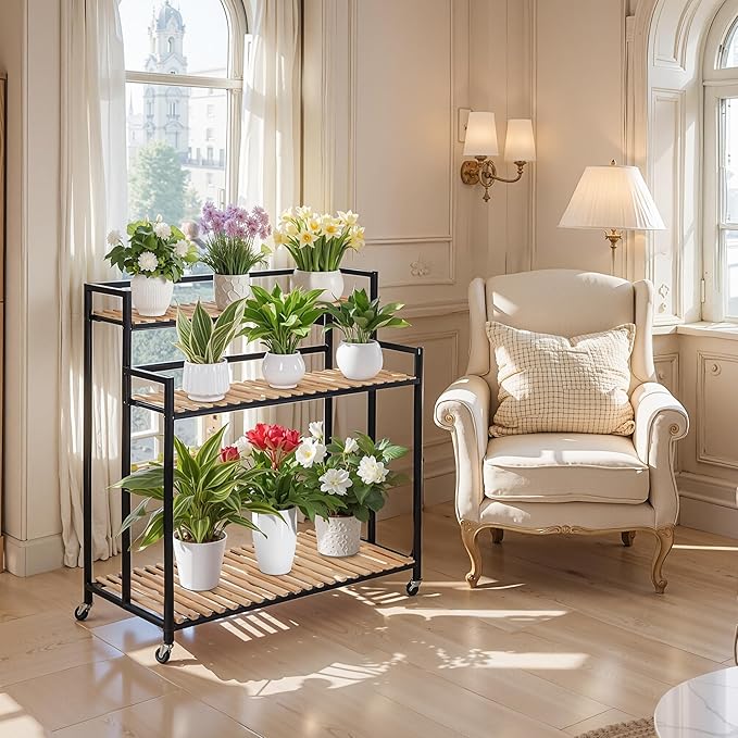 3-Tier Plant Shelf Modern Rolling Plant Stand with Rustic Wood and Iron Frame. for indoor/outdoor use in Living Spaces or Patio.Space spare,Robust Pine,Easy Assembly