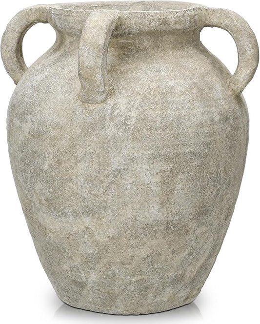 Handmade Flower Vase, 12" Tall Terracotta Vase, Green Vintage Ceramic vase, Rustic Antique Decor with 3 Handles, Wide Mouth, Matte Finish for Home Office Resto Café Décor