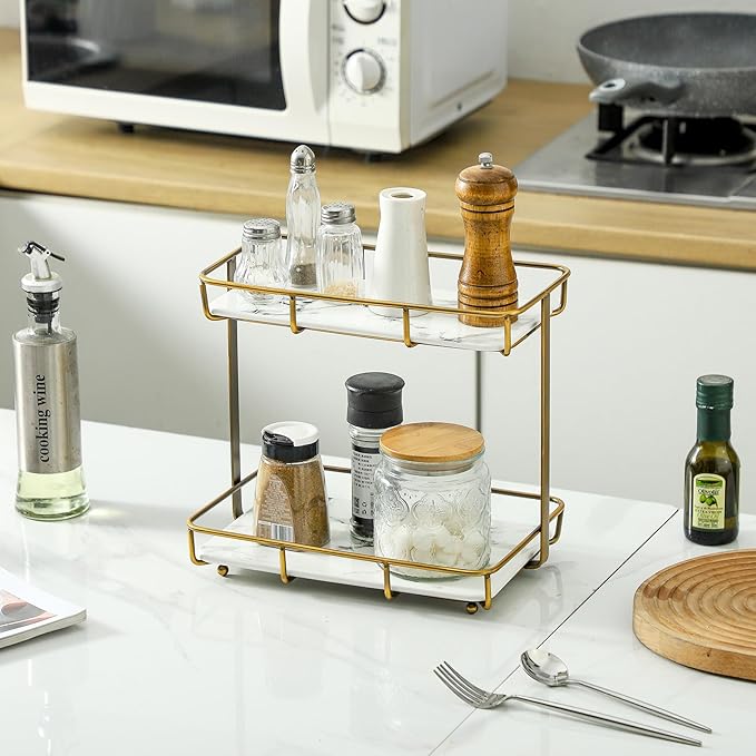 Bathroom Organizer Countertop Perfume Organizer Makeup Organizer Cosmetics Storage Display Rack Vanity Tray Dresser Stainless Steel Gold Shelf White Marble Ceramic Tray