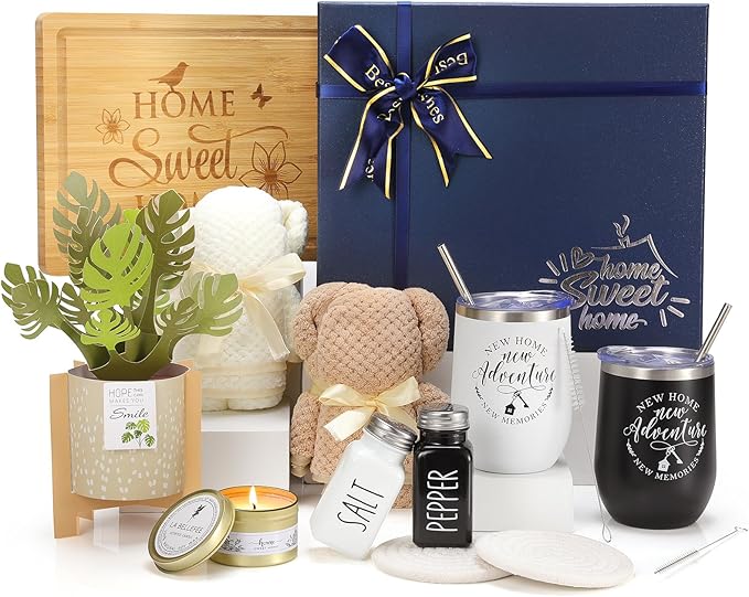 House Warming Gifts New Home, 12 Pcs Housewarming Gifts Basket for New House with Gift Box Packaging, 3D Botanical Greeting Card, Cutting Board for Couple, Closing Gifts for Home Buyers