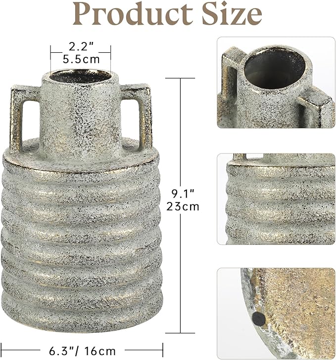Hollyone Large Vintage Ceramic Vase with 2 Handles, 9.1" Tall Gold-Toned Antique Rustic Decorative Floral Grey Vases for Flowers Home Table Centerpiece Shelf Living Room Entryway Farmhouse Decor
