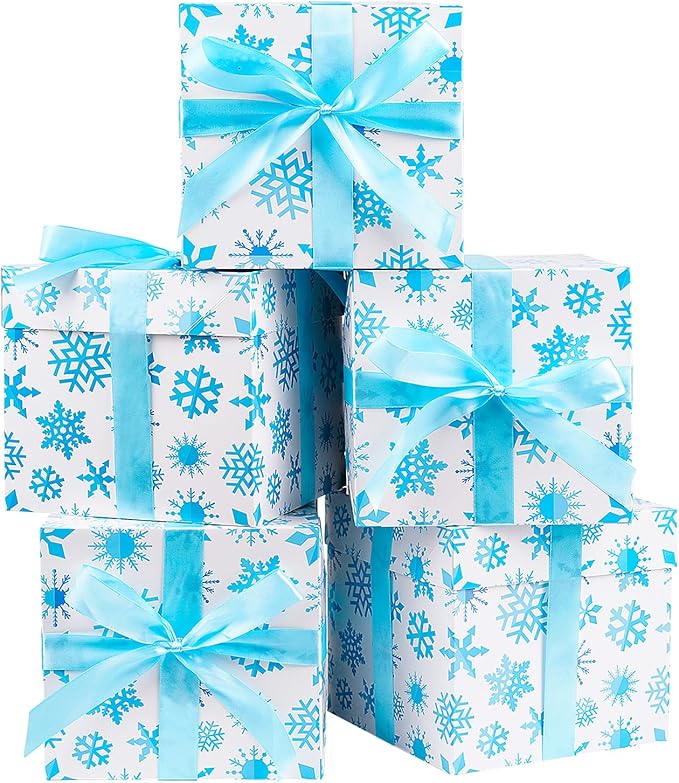 Jaywayang 5 Pack White Christmas Gift Boxes with Lids, Ribbons and Tissue Papers Square Gift Boxes - 7.1 Inch - Presents Wrapping Christmas Gift Holiday New Year Party Favor Boxes.