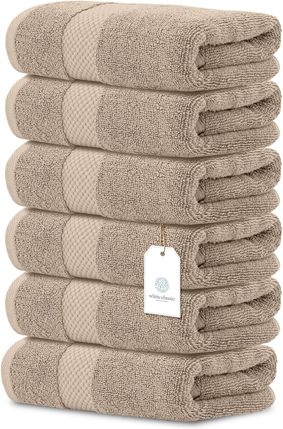 White Classic Luxury Taupe Hand Towels - Soft 100% Turkish Cotton | Highly Absorbent Hotel spa Bathroom Towel Collection | 16x30 Inch | Set of 6