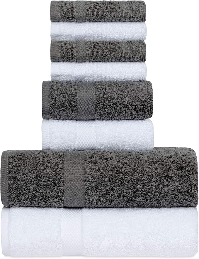 Luxury Bath Towel Set of 8 Pieces - 100% Turkish Cotton Highly Absorbent Towels for Bathroom, 2 Luxury Bath Towels 700GSM, 2 Hand Towels, 4 Washcloths, Gray White