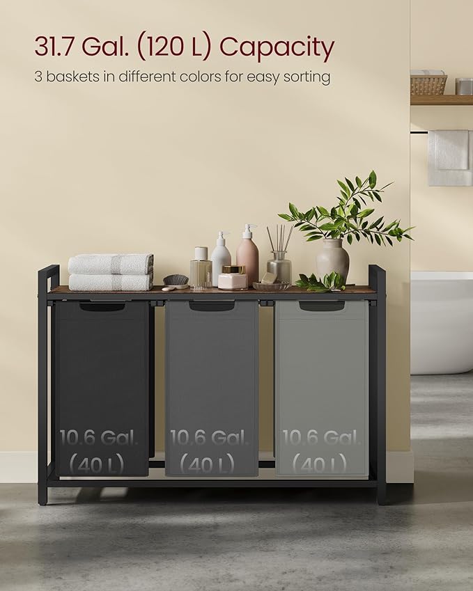 VASAGLE Laundry Hamper, Laundry Basket, Laundry Sorter with 3 Pull-Out and Removable Bags, Shelf, Metal Frame, 3 x 10.6 Gallons (40 L), 36.4 x 13 x 28.4 Inches, Tricolor and Rustic Brown UBLH301X01