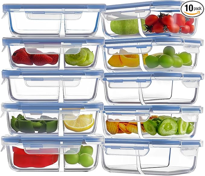 HOMBERKING 10 Pack 24oz Glass Meal Prep Containers 2 Compartment, Food Storage Containers with Lids, Airtight Glass Lunch Bento Boxes, BPA-Free & Leak Proof (10 lids & 10 Containers) - Deep Blue