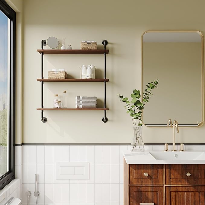 3-Tier Industrial Pipe Floating Shelf – Rustic 30 inch Wood Wall-Mounted Storage Shelf for Kitchen Office,Bathroom & Home Decor -Walnut