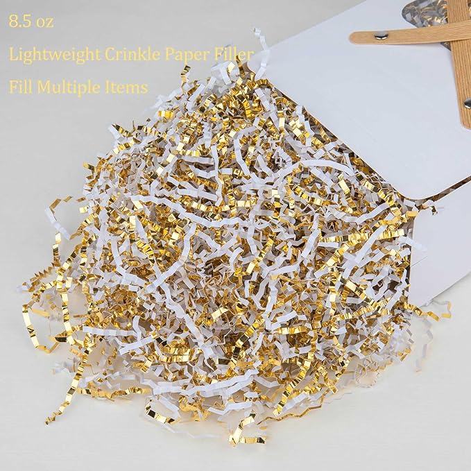 8.5oz Crinkle Paper Filler, Gift Baskets Gift Boxes Crafts Shredded Cut Paper Packaging Decorative Stuffing & Cushioning Confetti for Easter Birthday Wedding Party Favor Gold White