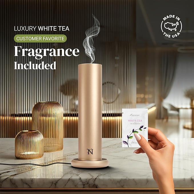 Dynamo Hotel Scent Diffuser – Cold-Air Essential Oil Diffuser for Home & Large Rooms up to 1000 sq ft, App & Manual Control, Hypoallergenic, Includes White Tea Fragrance Sample – Gold