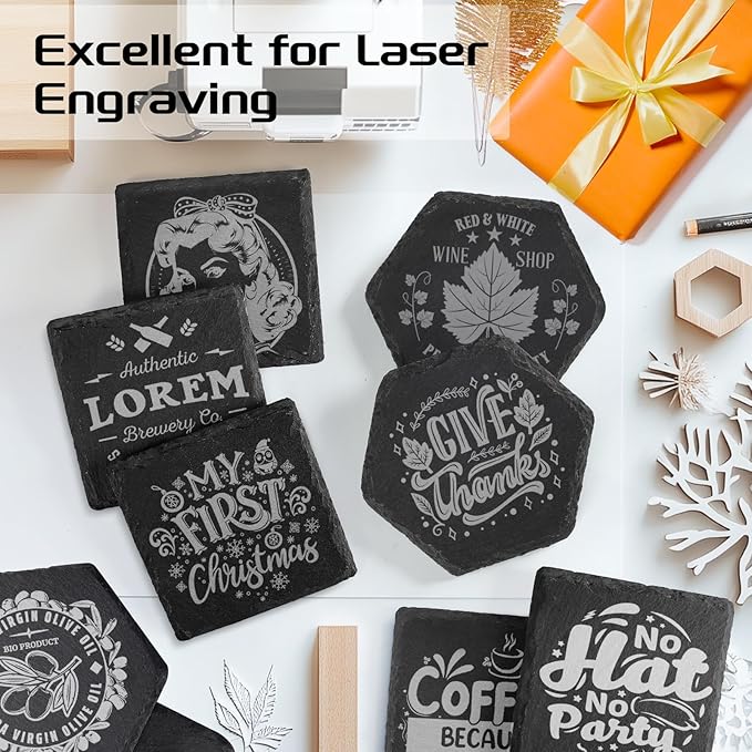 60 PCS Slate Stone Coasters Bulk, MAPRIAL 4 Inch Black Handmade Drink Coasters, 30 PCS Square, 30 PCS Hexagon, Ideal for Laser Engraving, Engravable Blanks Material for Engraver, Home Decor, Gifts