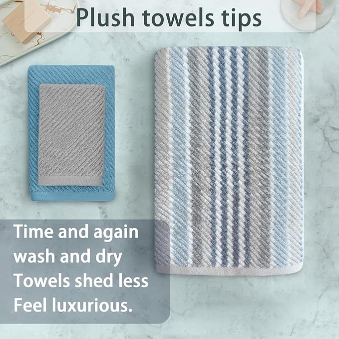 VOOVA & MOVAS Towel Set for Bathroom - 100% Cotton, Quick Dry, Thick, 3 Piece Towel Set, 1 Stripe Large Bath 30"x54", 1 Blue Hand 18"x28",1 Grey Washcloth 13"x13", Bathroom Essentials