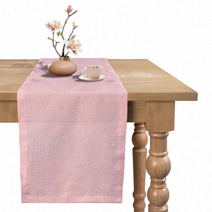 Small Coffee Farmhouse Table Runner for Fall, Thanksgiving, Christmas, and Winter - Athena - 100% Pure Linen - 14 x 36 Inches - Bubblegum Pink