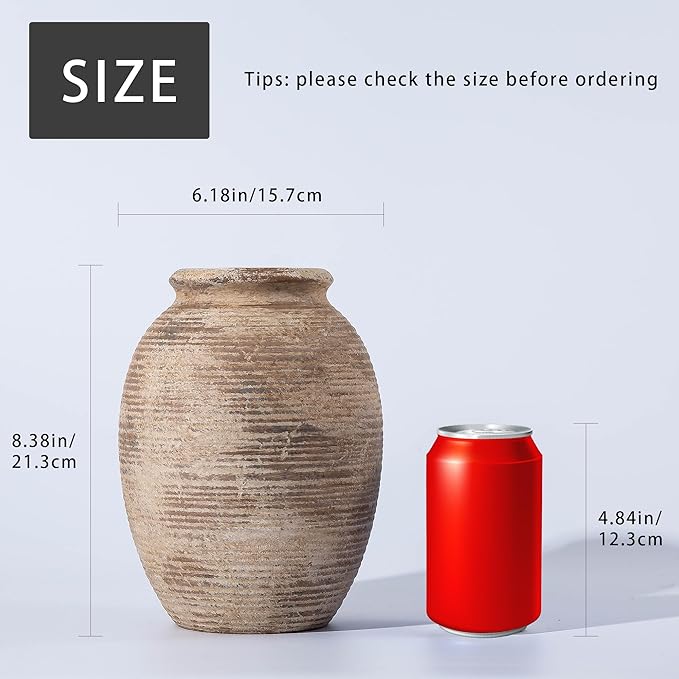 Rustic Ceramic Flower Vase - 8in Vintage erracotta Vase for Home Decor - Christmas Decorative TFlower Bud Vases, Mondern Farmhouse Vase - Living Room Shelf Decor Table, Lyeec