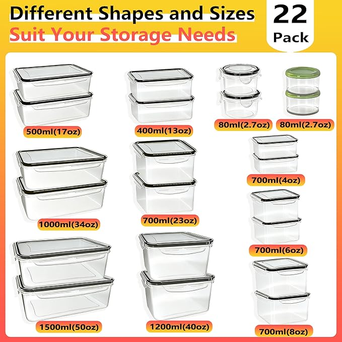 44 PCS Plastic Food Storage Containers with Lids Airtight, BPA-Free Leakproof Meal Prep Containers Reusable,Microwave & Dishwasher & Freezer Safe,Includes Labels & Pen