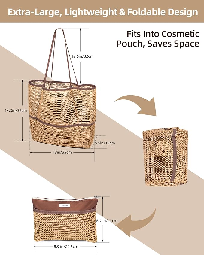 Mesh Beach Tote Bag Packable,2025 New 2-in-1 Large Lightweight Foldable Beach Bags with Multiple Pockets for Women