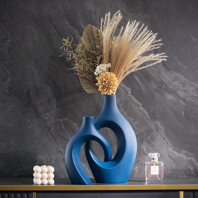 Snuggle Hollow Ceramic Vase Set of 2, 11 inch Hug Donut Modern Nordic Boho Style Vases for Home Decor Anthropologie Aesthetic Living Room Shelf Entryway Table Decorative (Navy Blue)