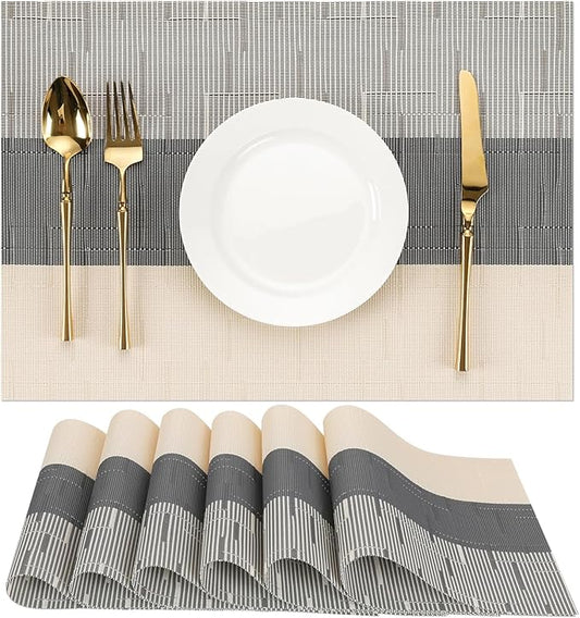 Placemats Set of 6, Vinyl Woven Place Mats Indoor Set of 6 Washable Wipeable PVC Table Mats Heat-Resistant Non Slip Placemat for Kitchen Dining Outdoor Table (Beige Dark Gray, Set of 6)