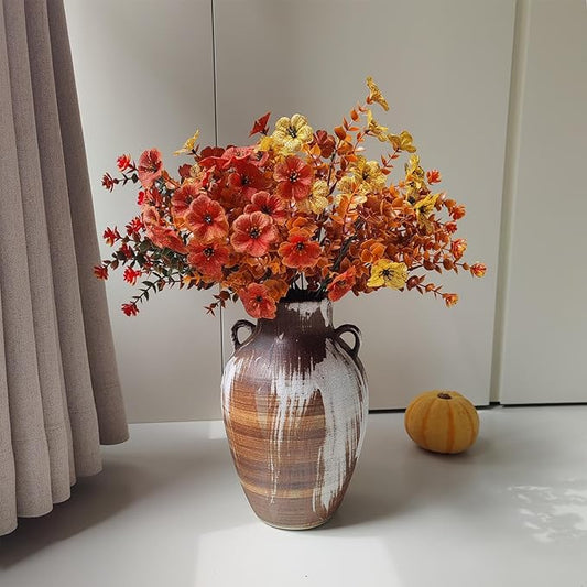 Rustic Pottery Vase - 10" Handmade Brown and White Farmhouse Vase with Handle, Unique Boho vase, Decorative Neutral Vases Home Decor, Vintage Ceramic Flower vases for Living Room, Kitchen Decor