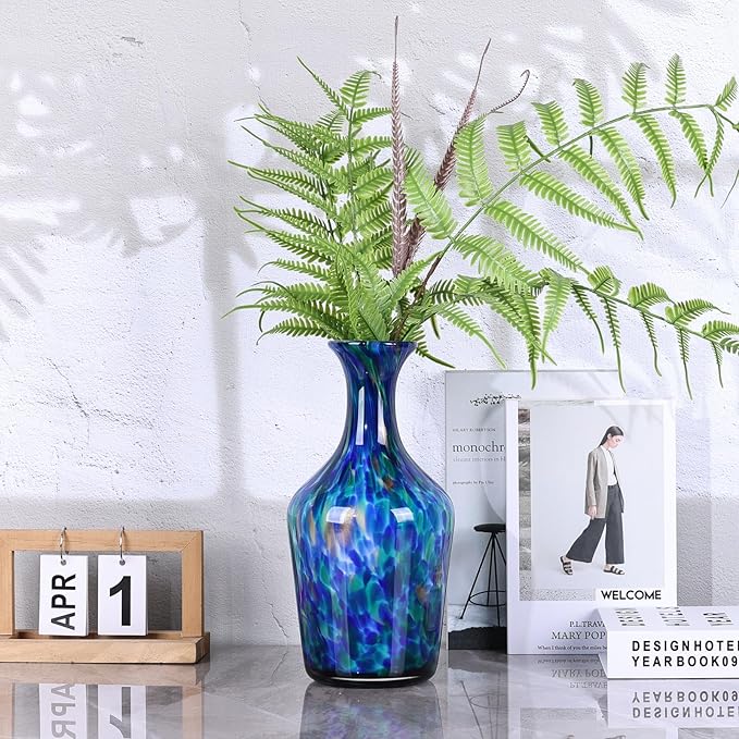 12.2" Tall Hand Blown Glass Vase – Pretty Teal Decorative Flower Vase, Modern Vintage Fusion Home Decor, Colorful Murano Glass Vases for Table Centerpieces, Living Room, Bathroom, Entry Table