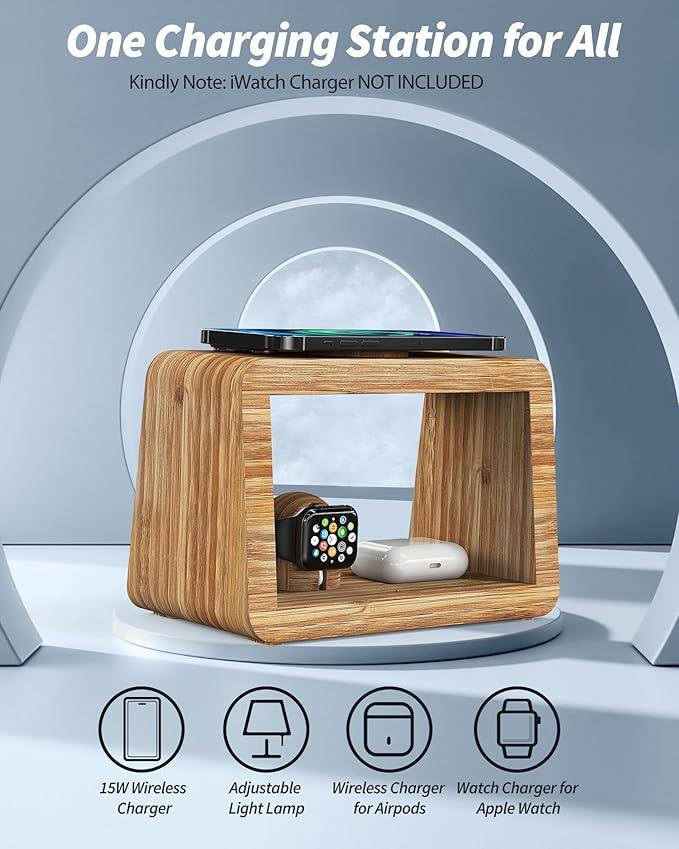 Bamboo Wireless Charging Station: 4-in-1Wireless Charger with Night Lights - Fast Charging Stand Compatible with iPhone 17/16/15/14/13/12 Pro Max/X/Xs Max/8, AirPods Pro, Watch Series