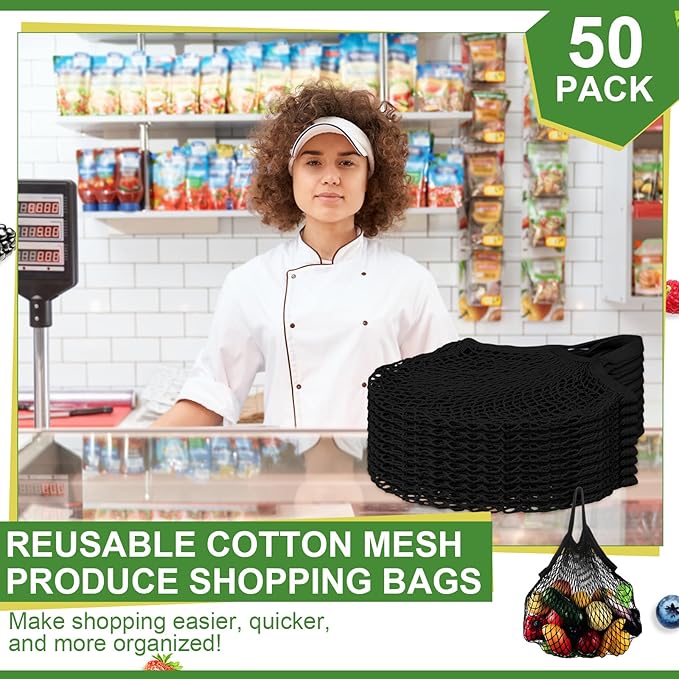 Paterr 50 Pack Cotton Mesh Produce Bags Bulk Reusable Market Bag Washable Net Grocery Purse String Shopping Tote Beach Organizer for Vegetable Fruit Picnic Food Storage (Short Handle,Black)