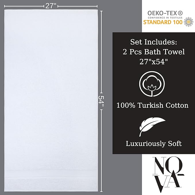 NOVA Luxury Linen - Hotel Quality Turkish Towel Set for Bathroom (2 Pcs Bath Towel Set, Pure White)