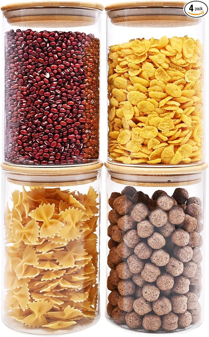 32oz Glass Food Storage Jars, Glass Jars with Bamboo Lids, Kitchen Storage Jars, Canisters with Airtight Lids for Spice, Coffee, Cookie, Set of 4, Pantry Organizers