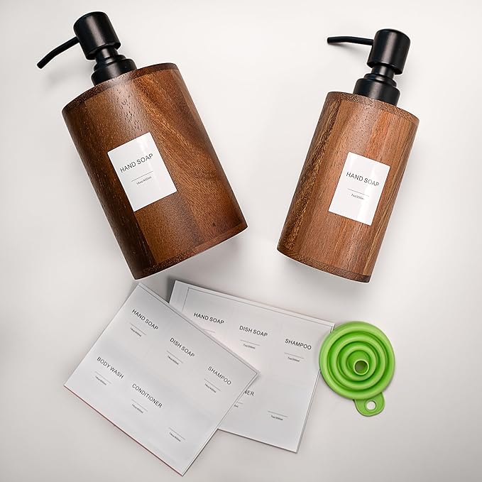 Walnut Wood Soap Dispenser with Pump, Funnel & Label, Refillable Hand Soap Dispenser for Bathroom & Kitchen, Cylinder Design, Rustic Countertop Decor(7oz/200ml)