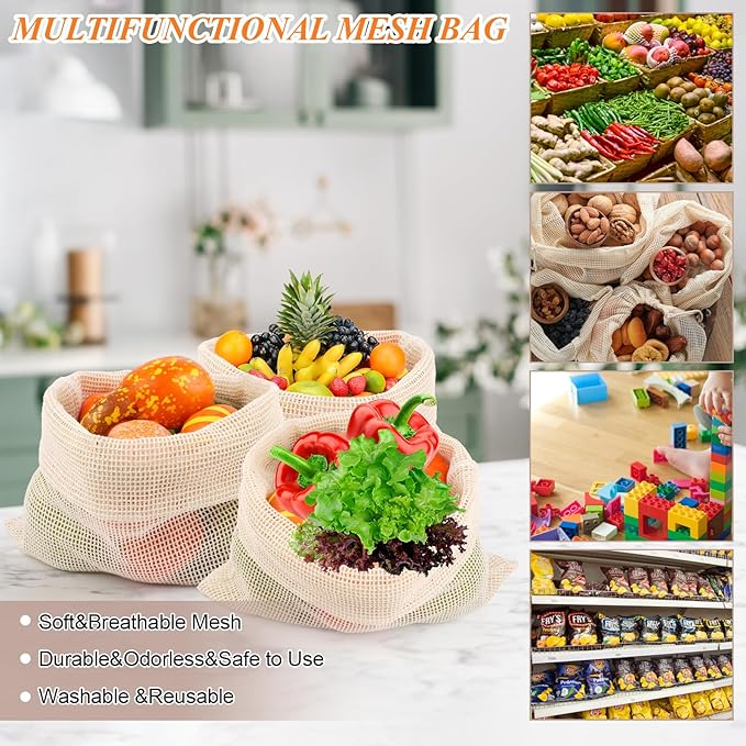 8 Pack 2XL Reusable Produce Bags, Mesh Produce Bags, Reusable Vegetable Produce Bags Cotton Washable for Grocery Fruits and Vegetable Shopping, Transporting Storing