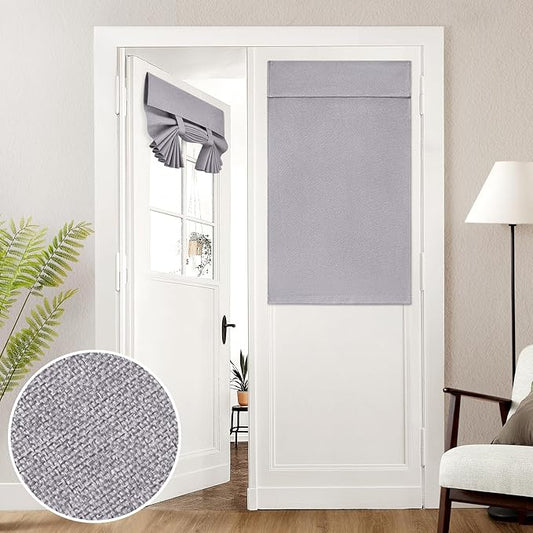 HOMEIDEAS 100% Linen Blackout French Door Curtains, Privacy Door Window Curtains, 26 X 40 Inch Room Darkening Blinds, Thermal Insulated Shades for Bedroom, 1 Panel, Light Gray