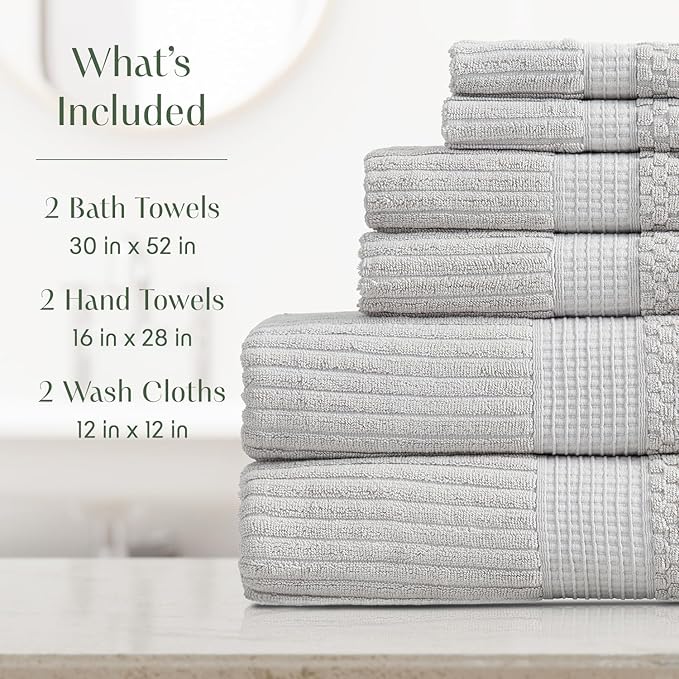 Springtree Home 100% Cotton Towel Set | 6 Piece Set | Super Soft & Absorbent Quick-Dry 2 Bath Towels 2 Hand Towels & 2 Washcloths | Textured and Durable Cotton | Krista Collection - High Rise Grey
