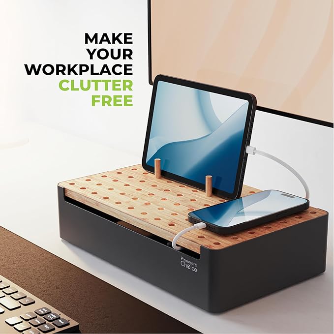 Prosumer's Choice Black Wooden Charging Station Organizer for Multiple Devices - Cable Management Box with 5 Slots and Removable Dividers - Charger Organizer for Phone, Tablet, Home, Office, 12"x6"x7"