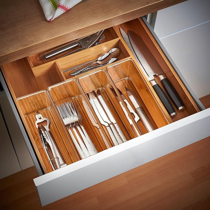 8 PACK Clear Organizer Bins Deep Drawer Organizer Bins Stackable for Cutlery Vanity Storage Bins for Bathroom Kitchen Office Desk Organizing