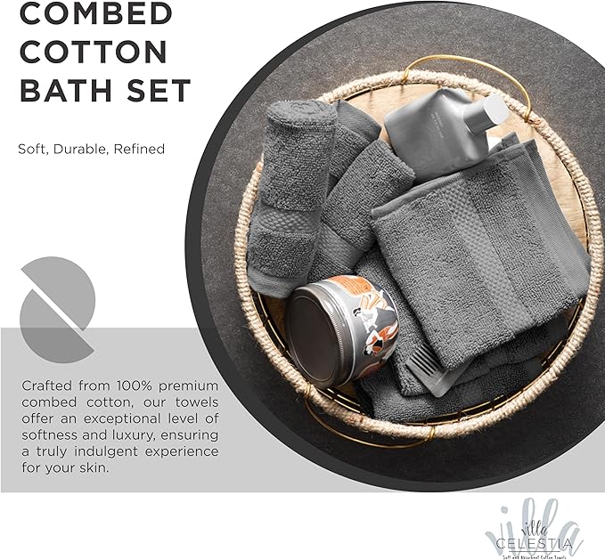 100% Cotton Bath Towel Set of 18-4 Bath Towels, 6 Hand Towels, 8 Wash Cloths, Sustainable, Soft, Highly Absorbent, Combed Cotton 18 Piece Set for Hotels, Spa, Bathroom, Dorm, Grey