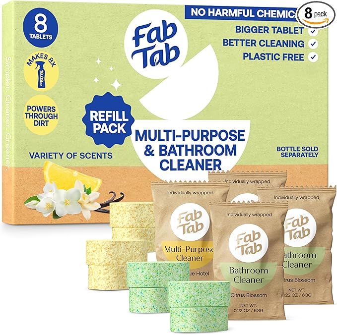 Fab Tab Multi-Purpose & Bathroom Cleaner Refill Tablets - Natural Cleaning Products - All-Purpose Cleaner Tablets - Plant-Based - No Harsh Chemicals - 8x 16.9 Fl oz Bottles (Bottles Not Included)