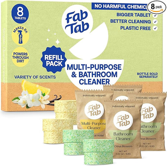 Fab Tab Multi-Purpose & Bathroom Cleaner Refill Tablets - Natural Cleaning Products - All-Purpose Cleaner Tablets - Plant-Based - No Harsh Chemicals - 8x 16.9 Fl oz Bottles (Bottles Not Included)